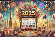 DALL·E 2024 09 30 22.12.12 A vibrant countdown image for New Years Day holiday in the UAE for 2025. The scene features a decorative calendar prominently displaying January 1