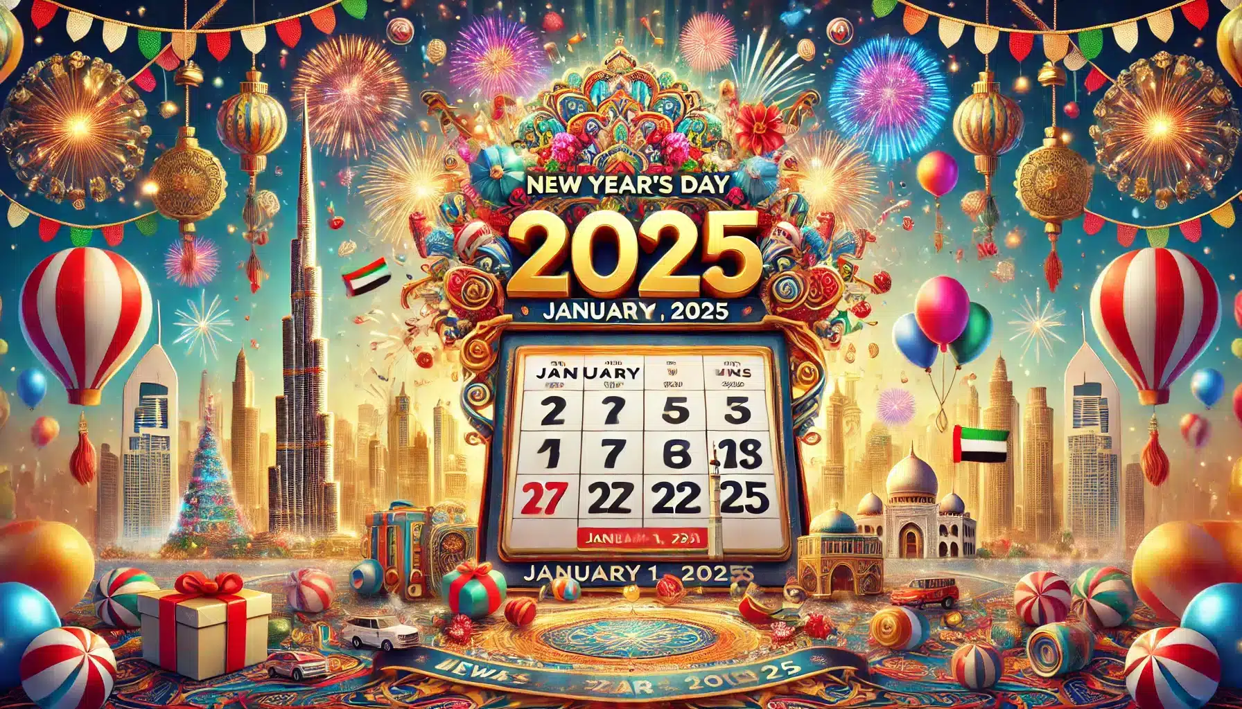 DALL·E 2024 09 30 22.12.12 A vibrant countdown image for New Years Day holiday in the UAE for 2025. The scene features a decorative calendar prominently displaying January 1